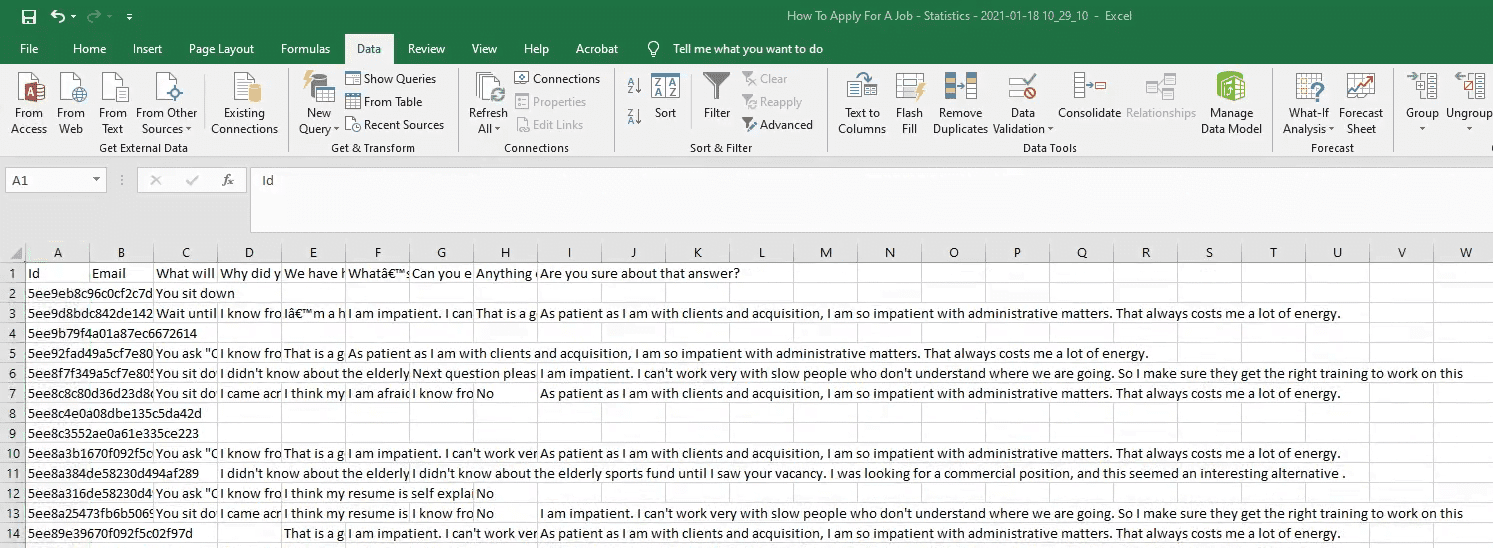 Excel file showing statistics